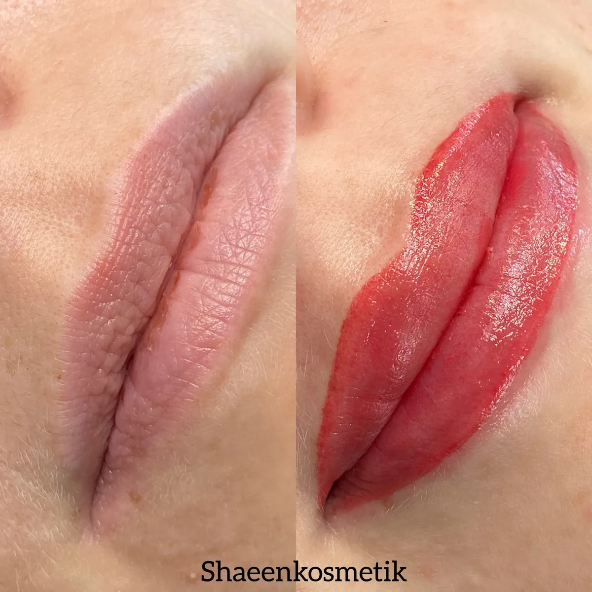 Lippen-Permanent-Make-up – vorher und direkt nach der Behandlung