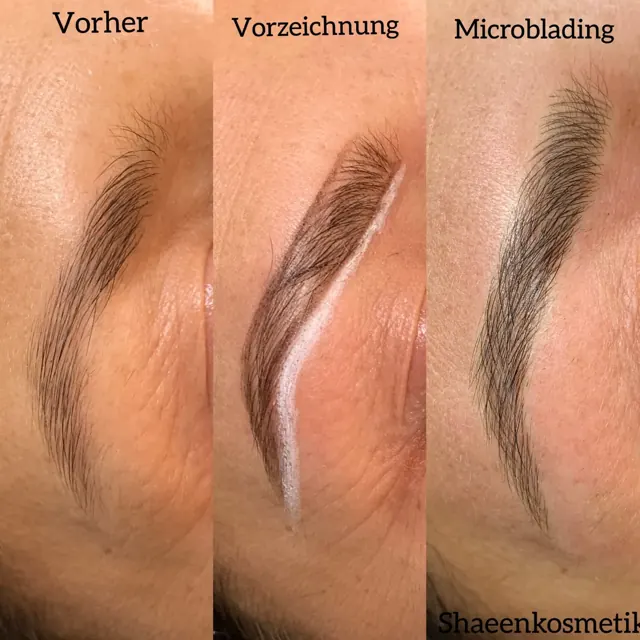 Microblading: vorher, Vorzeichnung und Ergebnis